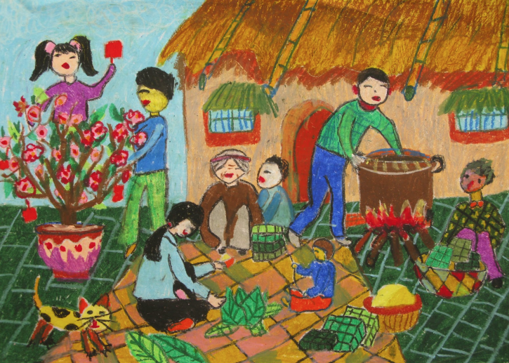Tranh cả nhà gói bánh chưng ngày tết