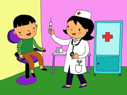 Bác sĩ tiêm thuốc cho em để em nhanh khỏi bệnh