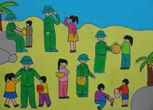Vẽ tranh đề tài chú bộ đội hành quân về làng giúp dân đẹp nhất