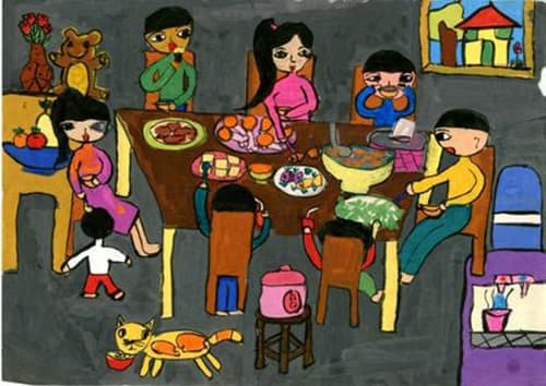 Vẽ tranh gia đình đang ăn cơm ấm cúng